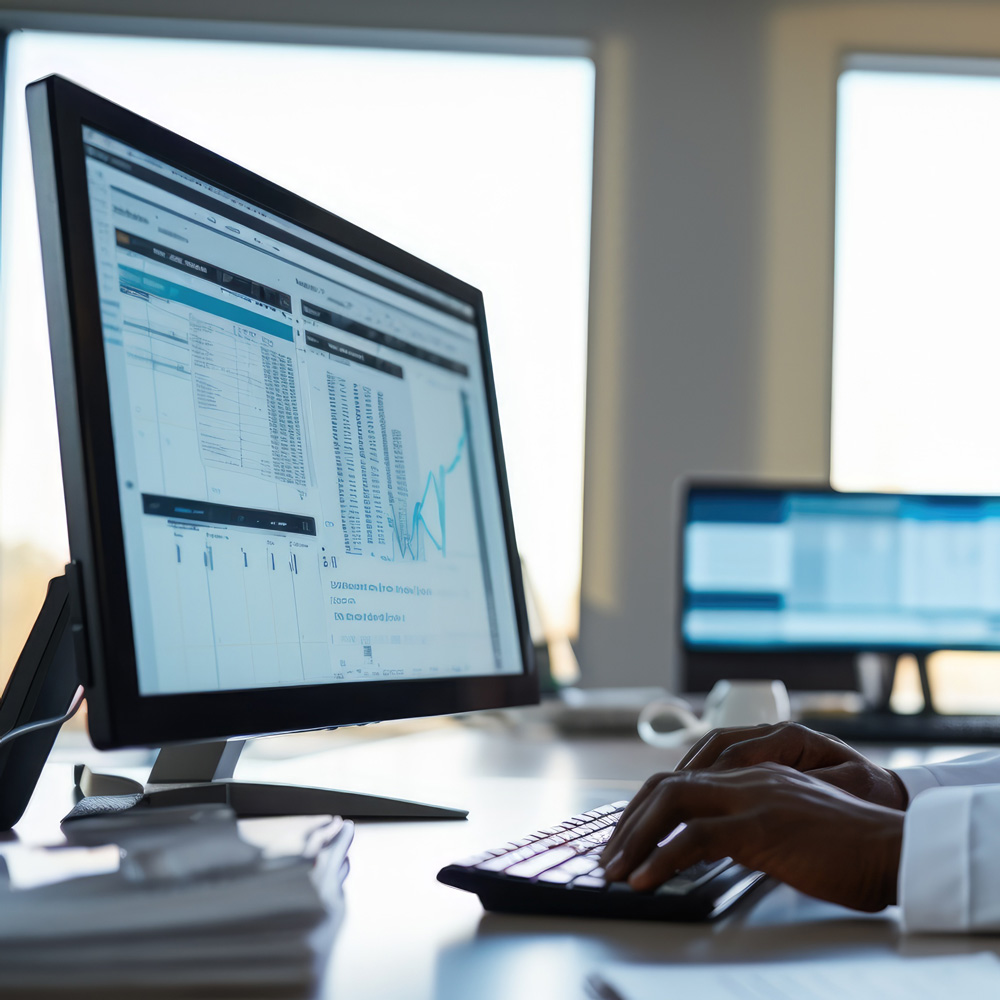 Office workstation with computer monitors displaying data and charts.